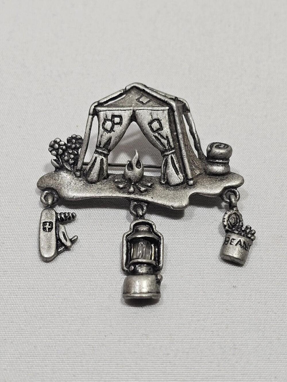 Vintage Brooch Danecraft Pewter Art Camping Site With Fire Pinback - Picture 1 of 4